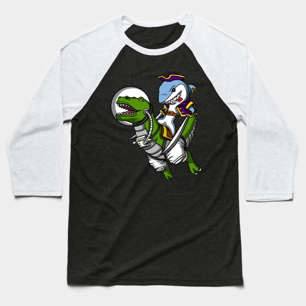 Shark Pirate Riding T-Rex Dinosaur Baseball T-Shirt by underheaven